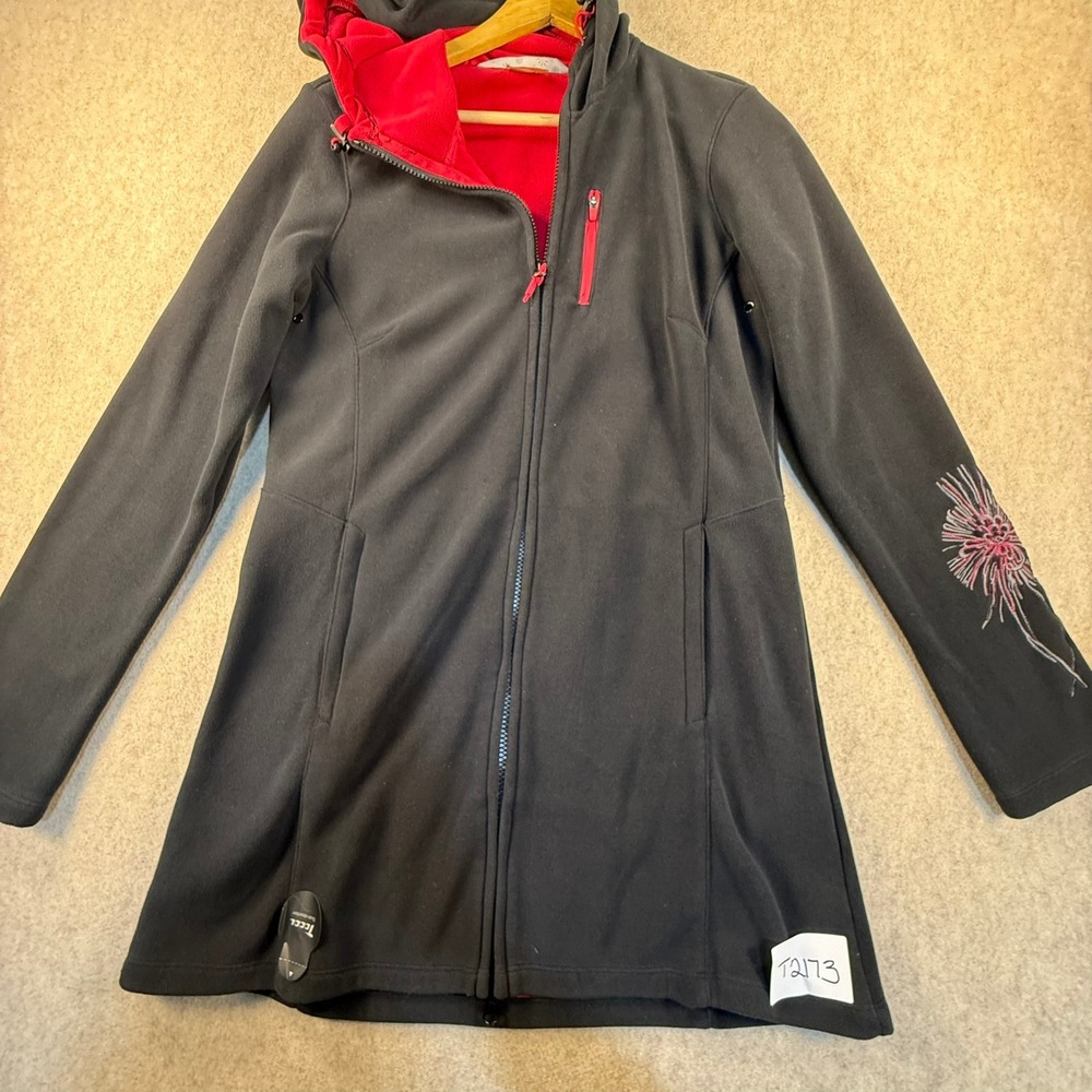 Athleta Womens Black Red Fleece Hooded Jacket Longline Embroidered‎ Small T2173